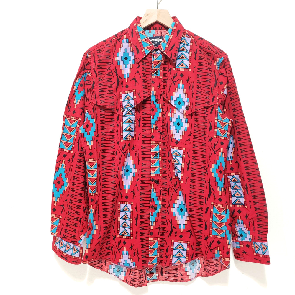 Vtg Wrangler Mens SIZE 16-35 Red SouthWestern Cowboy Cut X-Long Tail Shirt Rare